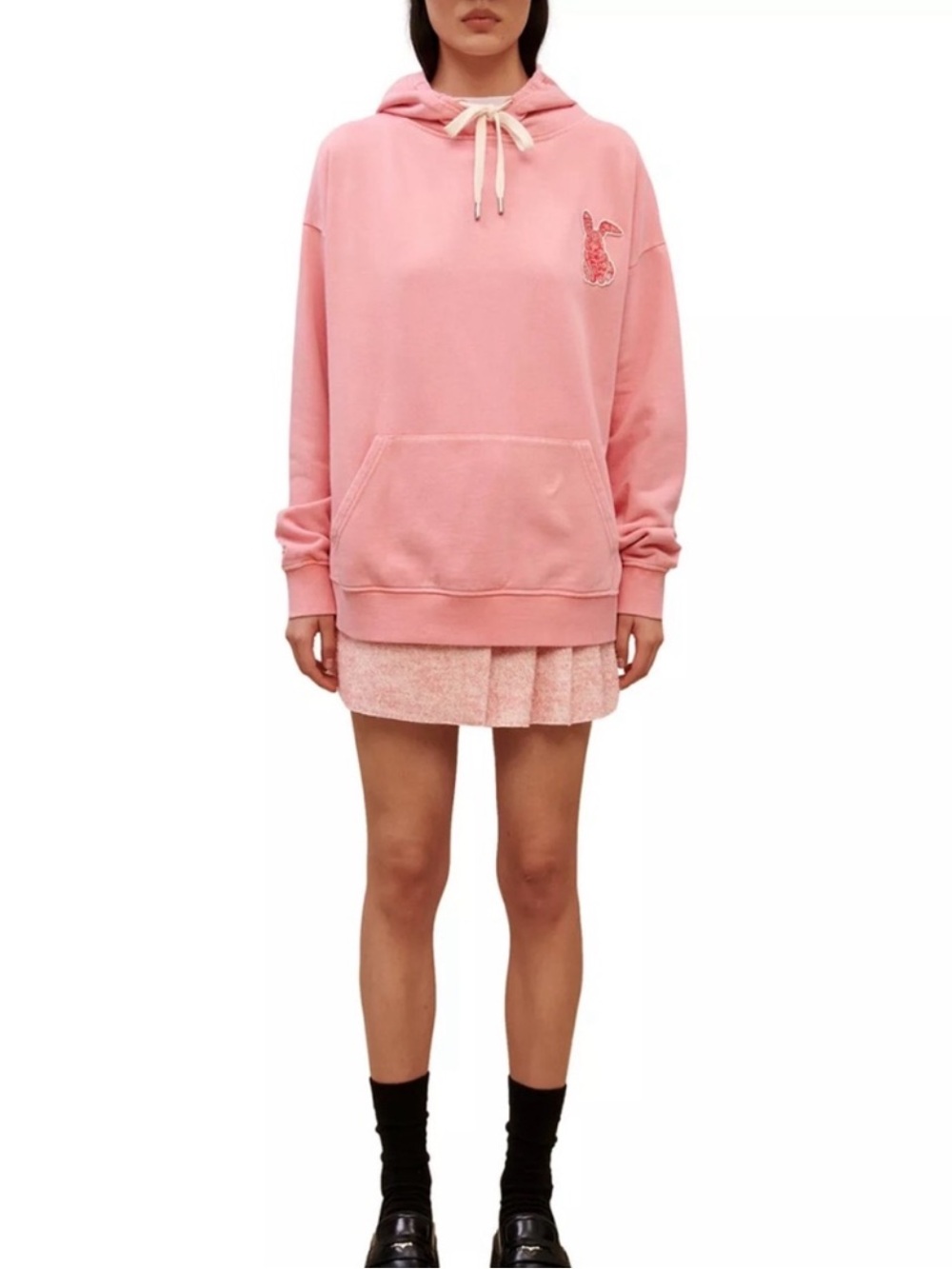 NEW Maje Totola Oversized Hoodie Pink Bunny Logo Patch Sweatshirt Pocket Beach
